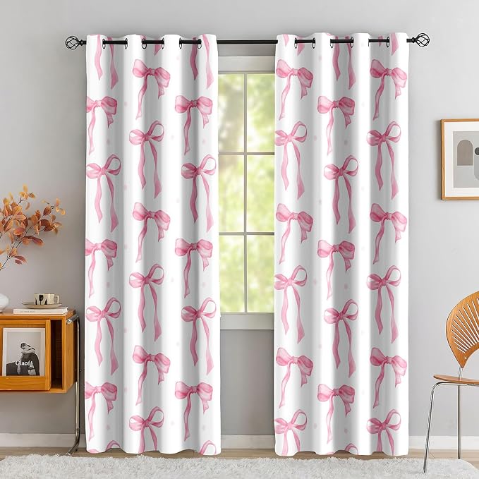 LUVIVIHOME Pink Bow Curtains, Cute Blackout Curtains for Girls Bedroom, Kids Room Decor, Aesthetic Girly Curtains, 2 Panel Sets, 42x84 Inch