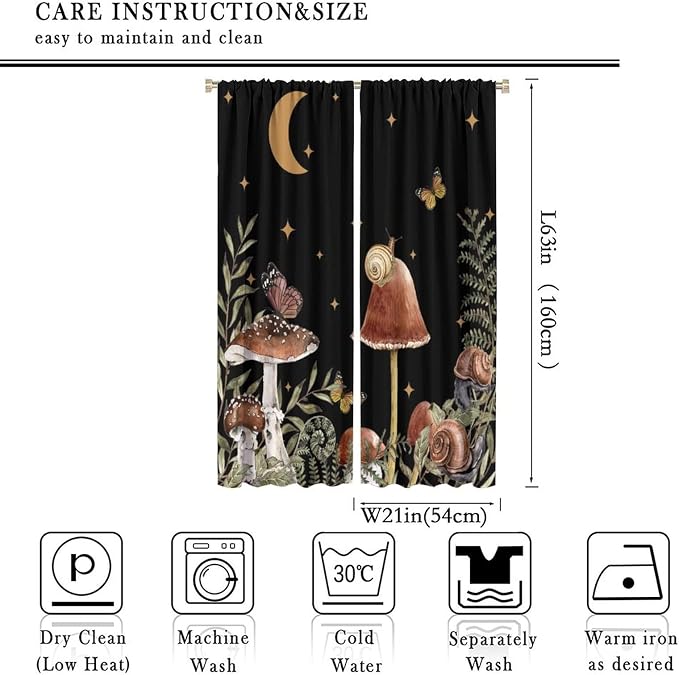Retro Mushroom Blackout Curtains,Snail Butterfly Window Drapes,Boho Night Plants Leaves Moon Star Botanical for Living Room Kitchen Bedroom,Black Background 42x63in