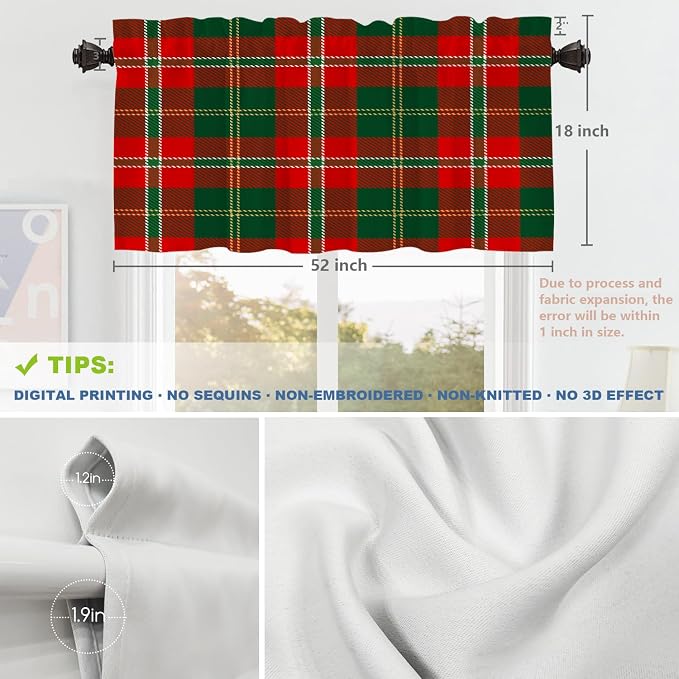 Shrahala Red Green Checkered Blackout Short Curtains for Windows, Red Green Black Yellow Check Plaid Kitchen Valance Thermal Insulated Rod Pocket Window Treatment for Bathroom 2 Pack 52 X 18 in