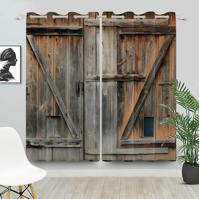Old Grey Wood Barn Door Window Curtains American Rustic Garage Door Curtains Vintage Wooden Door Window Drapes Wood Planks Rural Style Native Farmhouse Bedroom Treatment,42x84 inch,2 Panels