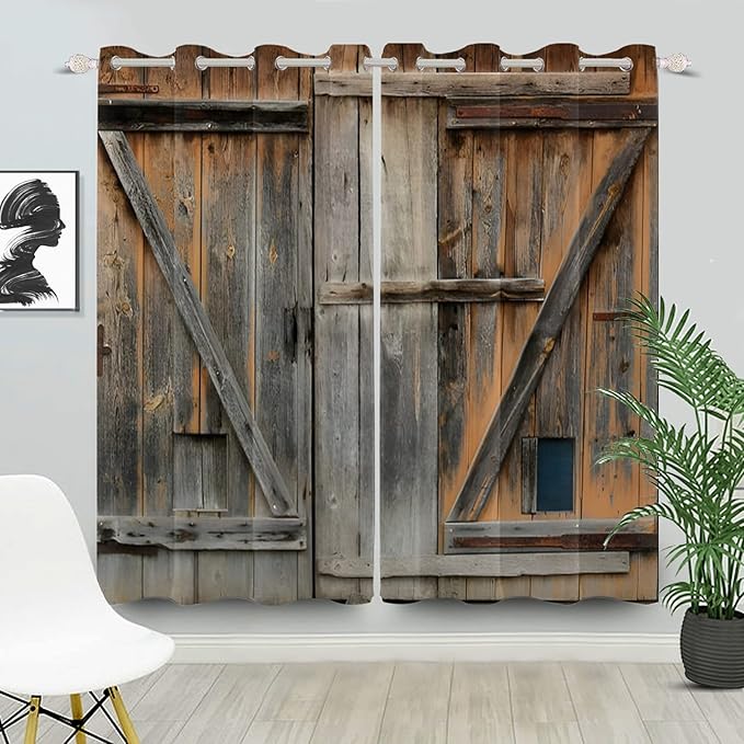 Old Grey Wood Barn Door Window Curtains American Rustic Garage Door Curtains Vintage Wooden Door Window Drapes Wood Planks Rural Style Native Farmhouse Bedroom Treatment,42x96 inch,2 Panels
