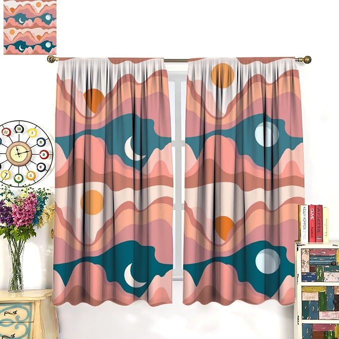 Sun Moon Blackout Curtains, Bohemian Desert Mountains Sun Moon Abstract Modern Mid Century Window Drapes, for Bedroom Living Room 63" W X 63" L