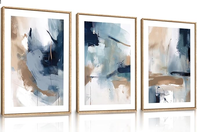 LHIUEM Large Abstract Navy Blue Framed Canvas Wall Art,Neutral Brush Stroke Wall Decor,Modern Pastel Brown Wall Painting,Minimalist Shapes Artwork for Living Room,Bedroom,Office- 24"x36"x3