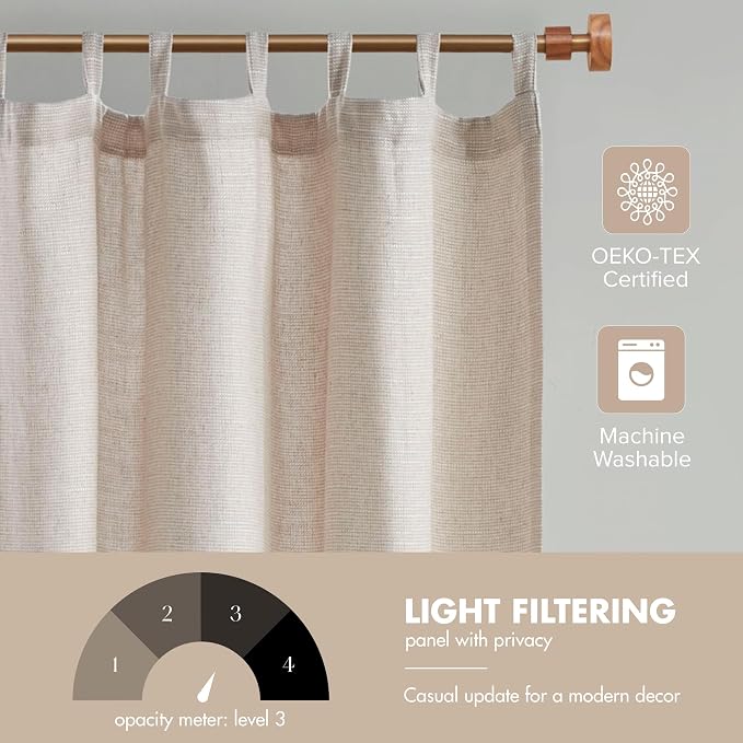 Madison Park Linen Blend Curtain Window, Thermal Insulated Fleece Lining, Living Room Decor Light Filtering Drape for Bedroom, 1-Single Panel Pack Fits 1.25" Rod, Beals, 50x84 Tab Top, Natural