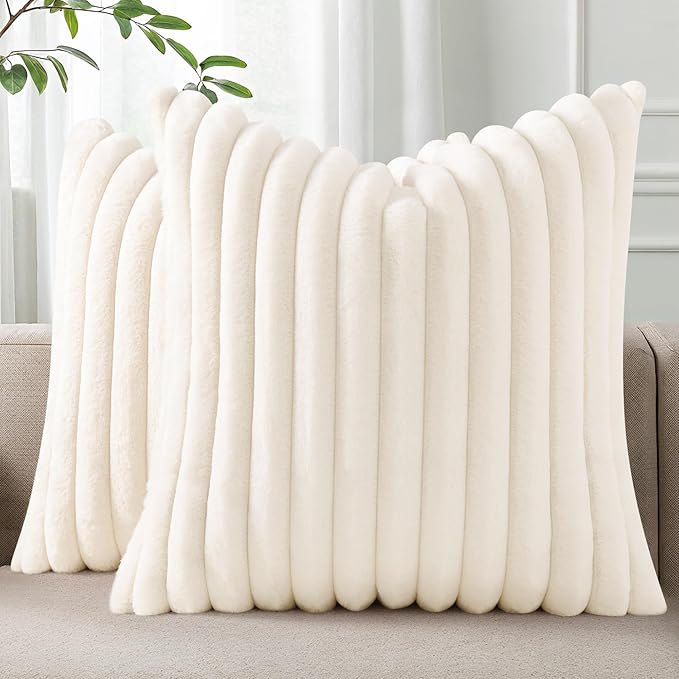 Pallene Faux Fur Plush Fall Throw Pillow Covers 20x20 Set of 2, Luxury Soft Fluffy Striped Decorative Pillow Covers for Sofa, Couch, Living Room, Cream White