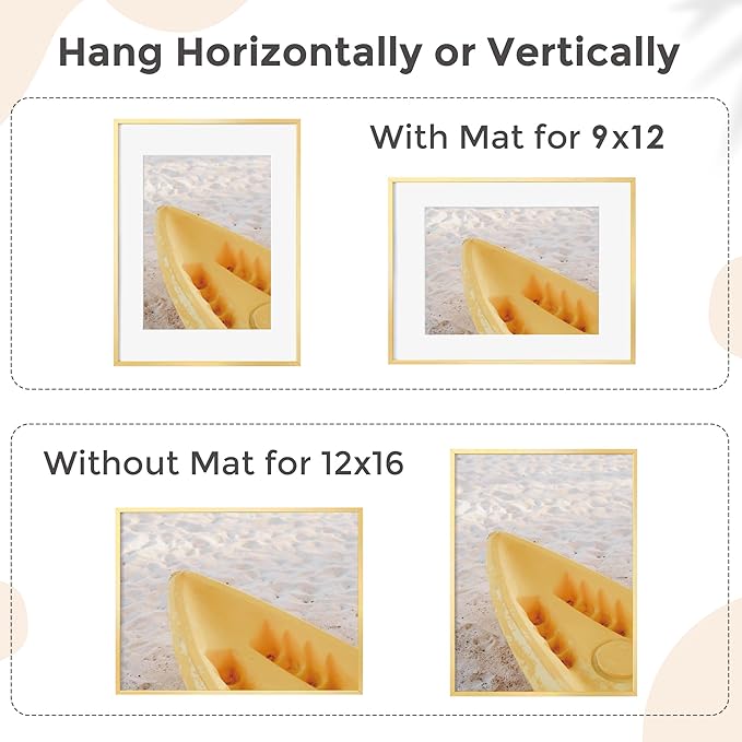 FLYJOE 12x16 Metal Picture Frame for Wall With Mat for 9x12, 12''x16'' Aluminum Certificate Document Frames With Plexiglass, Minimalist Modern Poster Frame Horizontally And Vertically, Gold