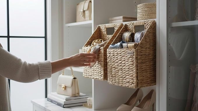 Wicker Hanging Storage Basket (10,5"Lx6,5"Wx13"H), Set of 2 Wall Baskets, Water Hyacinth Baskets, Wall Decor Hyacinth Basket Hanging for Organizing Files, Mails, Books, Magazine,...