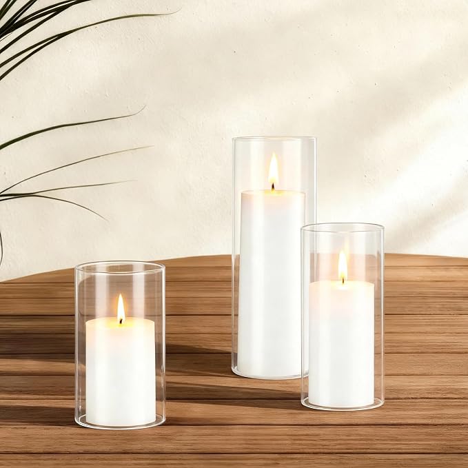 VEVOR Pillar Candles and Glass Vases Set 36 Pcs, Clear Cylinder Hurricane Candle Holders for Wedding Centerpieces, Tall Vase for Table Decor, Wedding Party, Thanksgiving,White (2.56" x 4.7",5.9",7.9")