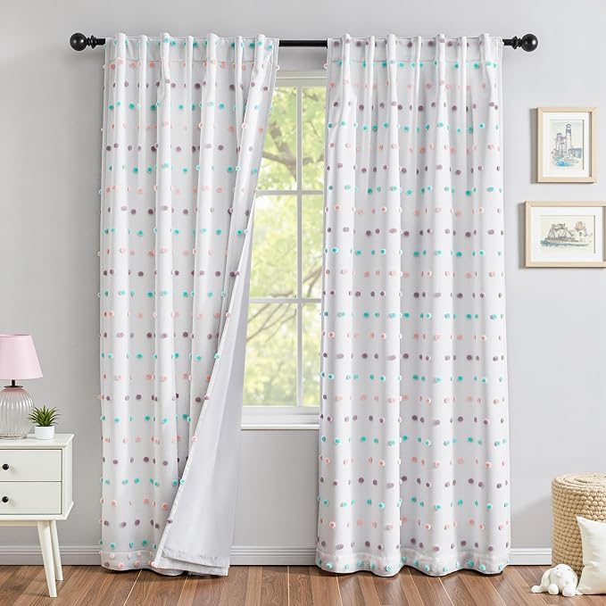 MYSKY HOME 100% Blackout Curtains for Bedroom Total Light Blocking Curtains 90 Inch Long Room Darkening 2 Panels Back Tab Double Layer Privacy Window Drapes with Rainbow Pom Pom Sheer 52" x 90"