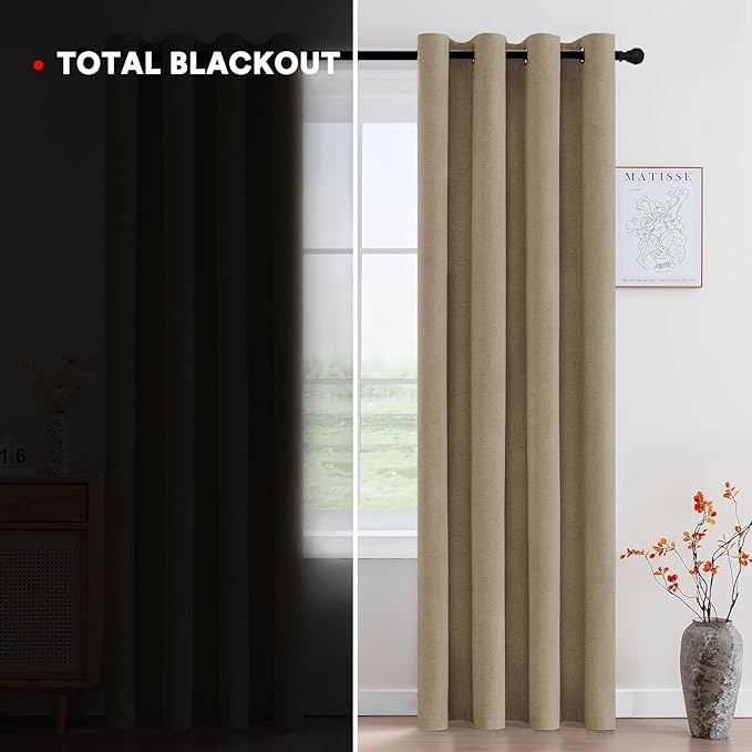 PrinceDeco Thick Linen Blackout Curtains Room Darkening Curtains 63 Inch Length Black Out Curtains for Bedroom Light Blocking Drapes with White Liner Grommet(2 Panels,Heathered Macchiato)
