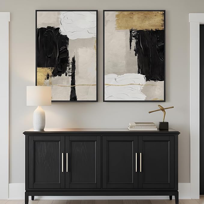 Framed Black and White Abstract Wall Art for Living Room, Set of 2 Gold Modern Minimalist Canvas Artwork for Walls, Large Black White and Gold Luxury Prints Wall Decor for Bedroom Hallway, 24x36 Inch