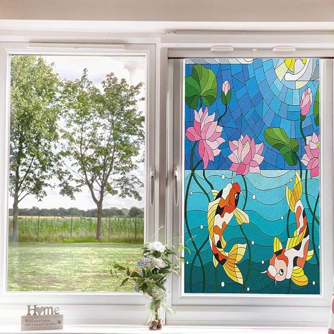 Koi Fish Privacy Window Film, Stained Glass with Lotus Flowers Oriental Design, Decorative Window Film for Bathroom Kids Room Sliding Door, Blue 60x60cm/23.6x23.6in