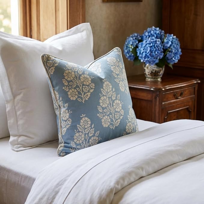 Jillien Harbor "The Hazel Bright Blue White Floral Pillow Cover Grandmillennial Home Decor Blockprint Pillow Cover 20" x 20"