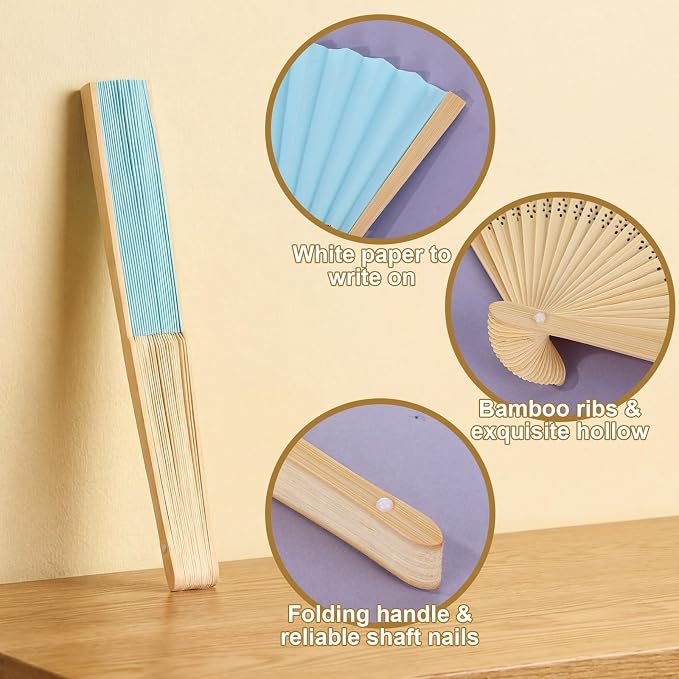 Qunclay 150 Pcs Bright Color Paper Hand Fans Bulk Bamboo Folding Handheld Wedding Fans for Bridal Dancing Party Favors Church Home Decoration Gift DIY Supplies Stage Props in OPP Individual Package