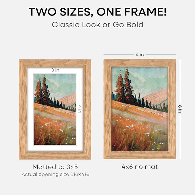 Homeforia 4x6 Picture Frame Wood, High End Natural Oak 4x6 Light Wooden Frames with Mat 3x5 for Photo, 4 x 6 Frame Matted to 3 x 5 Print, 4 x 6 Wall or Tabletop Frame, Tempered Glass, Wall Kit, Set of 2