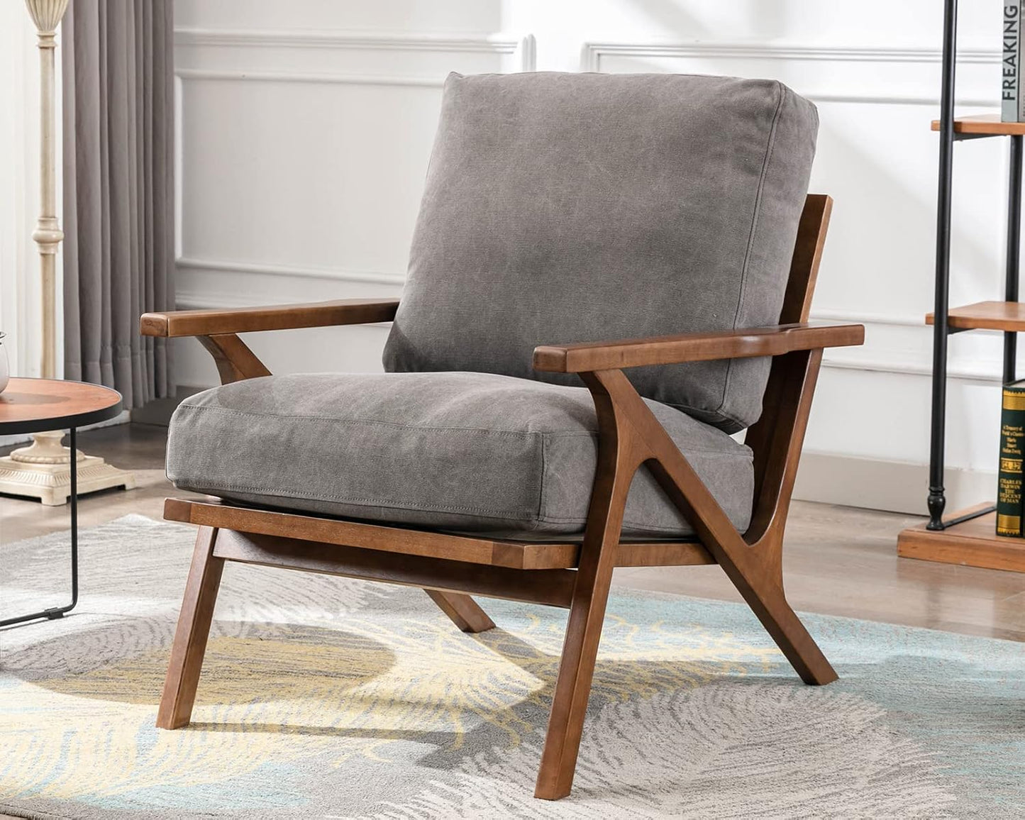 HNY Mid Century Arm Chair, Upholstered Accent Armchair with Wood Frame and Canvas Cushions, Leisure Reading Chair Slipper Chair for Living Room, Bedroom, Gray