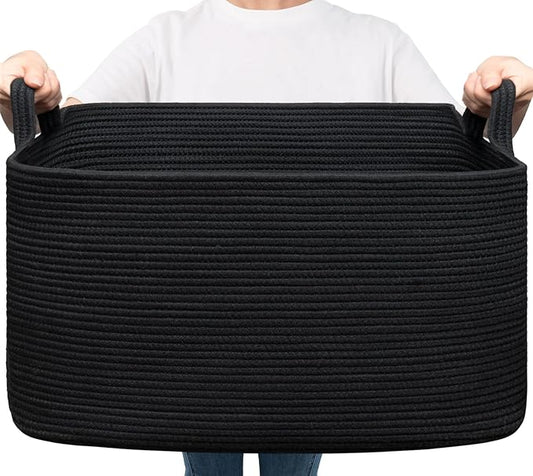 Goodpick Large Blanket Basket Living Room, 21.6" x 14.9" x 11.8" Woven Storage Basket for Blankets, Toys, Rectangle Rope Dirty Clothes Baskets for Nursery, Bedroom, Black