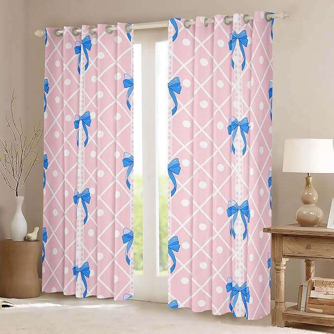 Feelyou Pink Girls Bow Curtains for Bedroom Living Room (2 Panels, 38 x 54 Inch) Cute Bowknot Darkening Dreapes Boys Teens Decor Stripes Blackout Curtains Blue Bow Window Treatments Kawaii