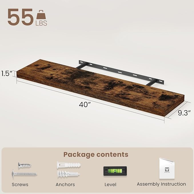 Vivelove Floating Shelves for Wall Mounted, 40 Inches Long Shelves, Display Shelf for Bathroom Living Room Kitchen Bedroom Office Farmhouse Home Decor, 40" X 9.3" X 1.5" - Set of 2, Rustic Brown