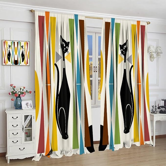 JESTRONRY Mid Century Style Curtains,Black Cat Modern Abstract Geometric Vintage Colorful Shape Pattern Theme Home Fabric Living Room Bedroom Kitchen Bathroom Decor 63x63in
