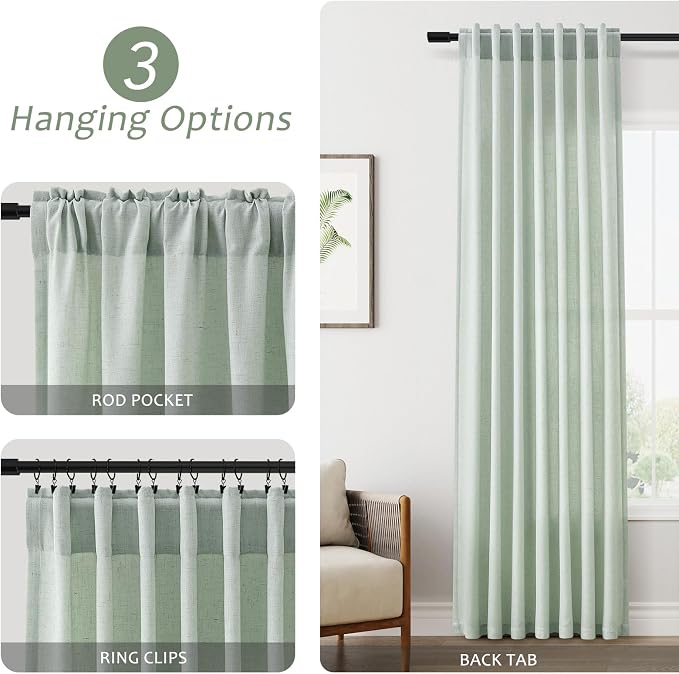 Aersas Aqua Green Semi Sheer Curtains 96 Inches Length for Living Room Linen Texture Wave Fabric Vertical Window Shades with Rod Pocket Back Tab for Bedroom Sun Room Light Filtering Home Decor 52x96