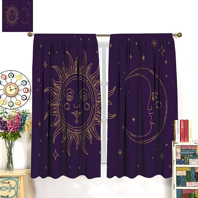 Golden Sun Moon Stars Art Blackout Curtains, Abstract Bohemian Universe Starry Sky Galaxy Window Drapes, for Bedroom Living Room 42" W X 54" L