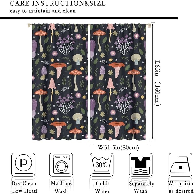 Mushroom Curtains,Colorful Plant Forest Botanical Print Window Treatments for Bedroom Living Room Kitchen Cartoon Herbs Floral Window Drapes 2 Panels Set,Total Size 63 x 63 Inch