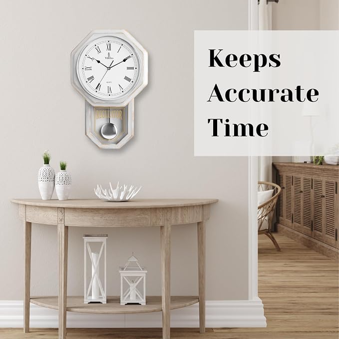 White Pendulum Wall Clock - Real Wood Regulator Clock - Rustic, Farmhouse Schoolhouse Design 18x11 - Quiet, Non-Chiming, Wooden & Battery Operated - Decorative Wall Decor for Living Room, Home, Office