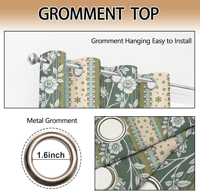 Boho Floral Striped Blackout Curtain, Vintage Botanical Wildflower Aesthetic Window Curtains Living Room Bedroom Decor Darkening Window Drapes Treatments, 2 Panels 52x84 Inch