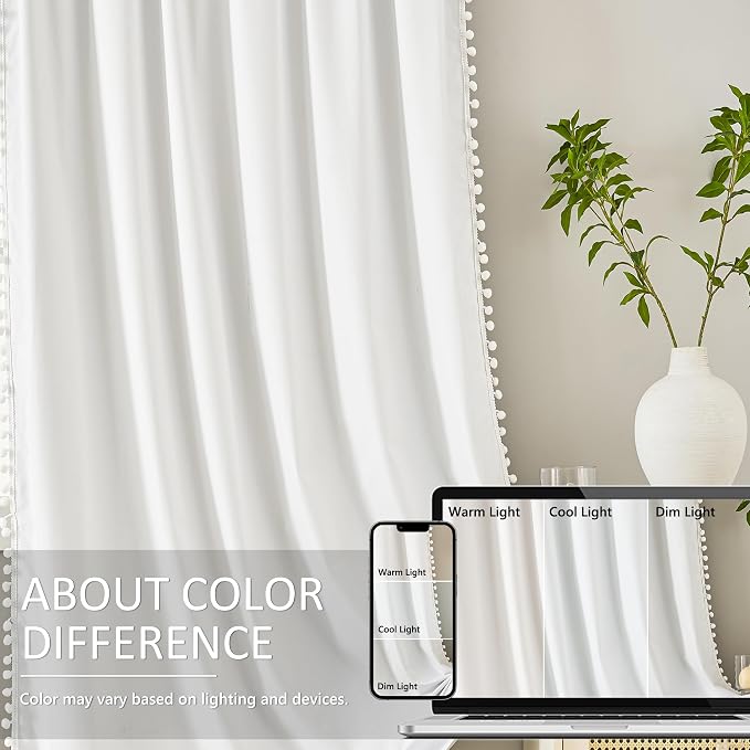 Treatmentex White Blackout Curtains for Living Room 95 inch Energy Saving Window Curtains Pom Pom Thermal Curtains Triple Weave Nursery Girl's Room Curtains 52" W Rod Pocket 1 Pair
