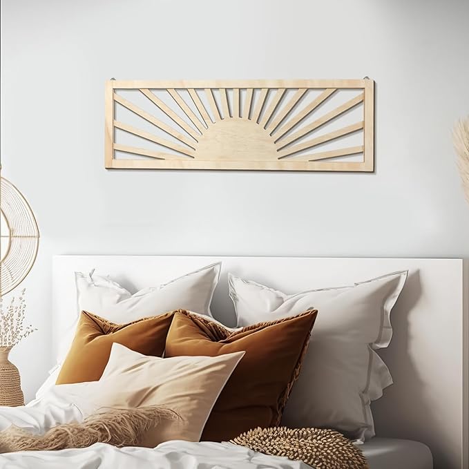 Burbell Sun Wall Art Decor 35'' x 12'' Large Boho Sun Wall Decor Wooden Horizontal Vintage Bohemian Hanging Rectangle Panoramic Above Bed Decoration for Bedroom Home(Wood Color)