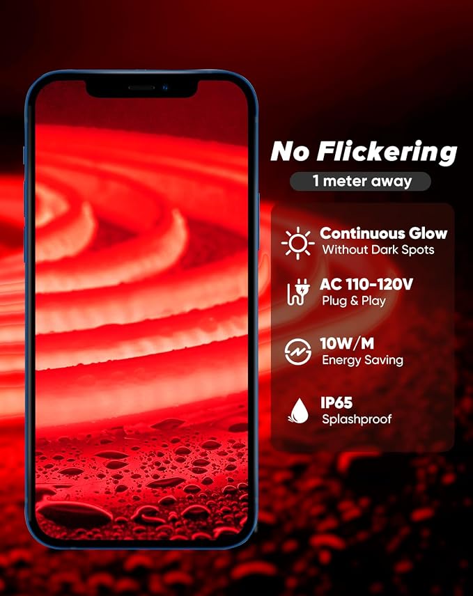 Shine Decor COB LED Rope Light AC 120V, 800lm Ultra Bright, IP65 Waterproof Cold-Resistant ETL Neon Strip, No Driver Tape Lighting for Home Commercial 10x4.5mm, Red, 50ft