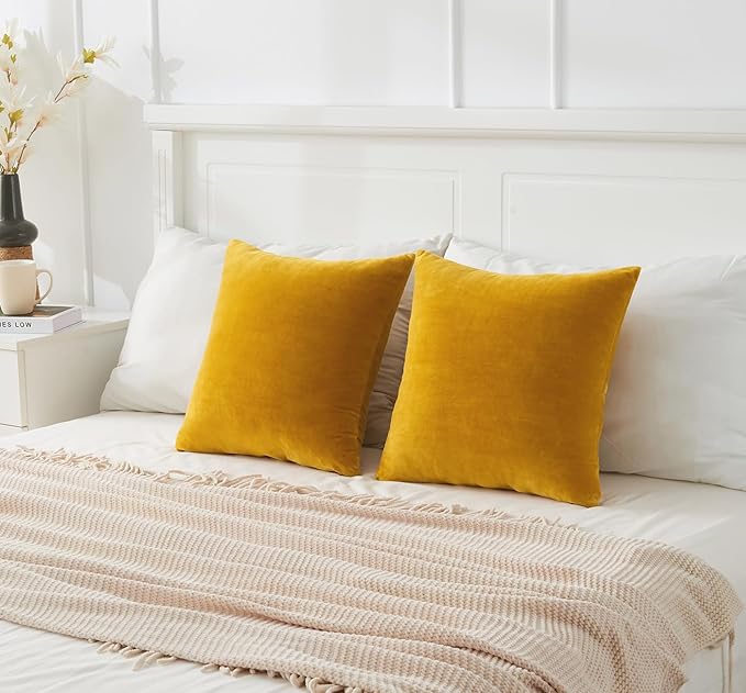 Throw Pillow Covers Mustard Yellow Set of 2 22x22 Inch Fall Pillow Covers, Soft Velvet Farmhouse Neutral Decorative Pillowcases for Couch Sofa Bed, Home Boho Decor, Modern Cushion Covers