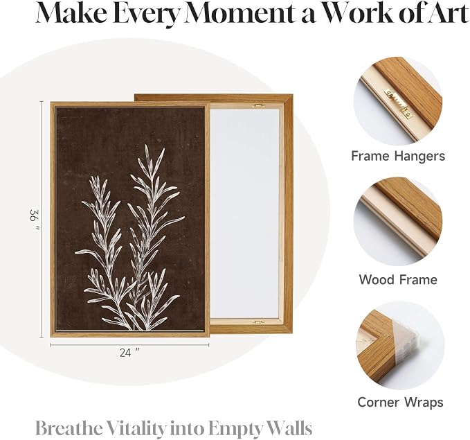 Framed Boho Botanical Wall Art for Living Room, 3 Piece Rustic Floral Canvas Painting Prints, Vintage Framhouse Minimalist Neutral Artwork For Bedroom Hallway Dining Room Wall Decor, 24 x 36 Inch