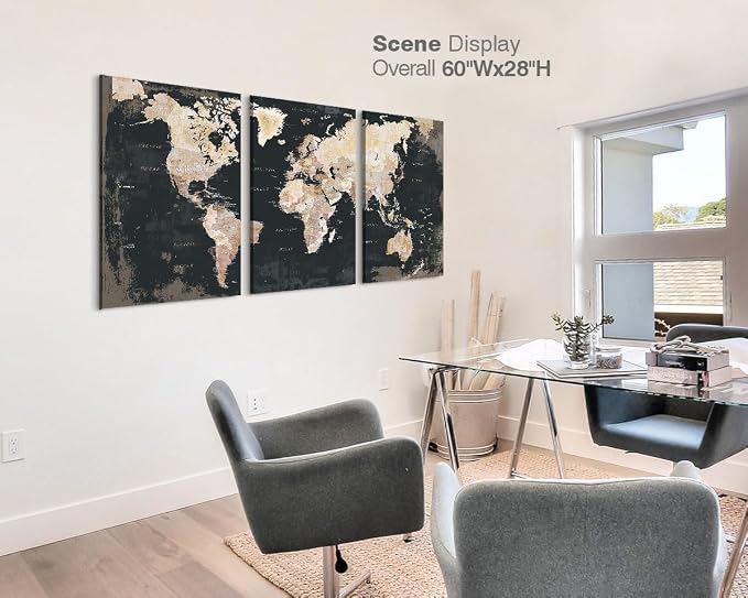 Black Wall Decor for Mens Bedroom Office Living Room World Maps for Wall | Canvas Art Paintings with Frame Vintage Pictures Inspirational Artwork for Conference Room