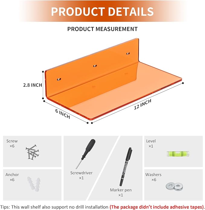 Sezanrpt 12 Inches Small Orange Wall Shelves Set of 2, Acrylic Floating Shelf for Bedroom, Living Room, Funko Pop Shelves, Smart Speaker, 2 Pack