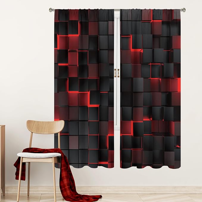 MESHELLY Abstract Red Black Curtains 29Wx63H Inch Rod Pocket Modern 3D Gradient Design Futuristic Geometric Cubes Bedroom Window Drapes Man Boys Printed Living Room Window Treatment Fabric 2 Panels