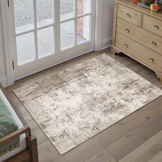 2x3 Washable Area Rug Brown Grey Abstract Non Slip Soft Low Pile Small Rug for Entryway Kitchen Bathroom Neutral Modern Throw Carpet for Living Room Bedroom Home Decor