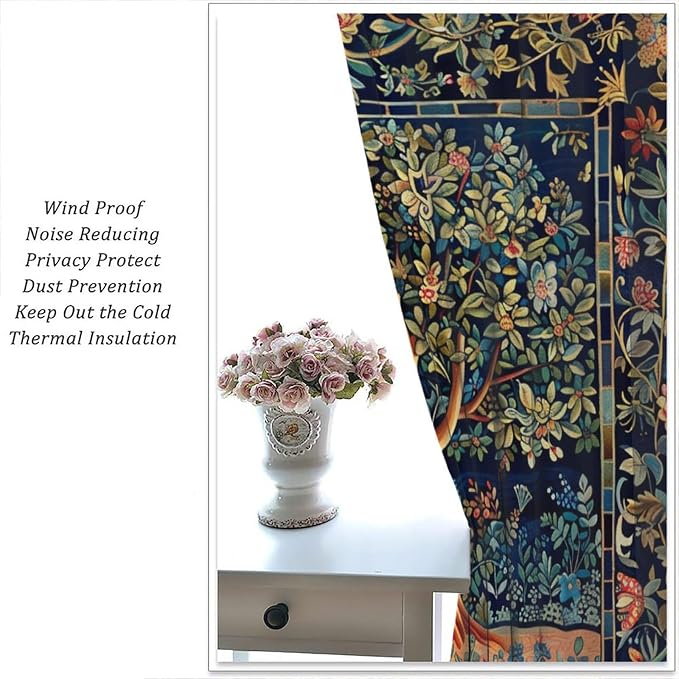 William Morris Flower Blackout Curtains, Rustic Colorful Forest Tree of Life Floral Window Drapes, for Bedroom Living Room 63" W X 63" L