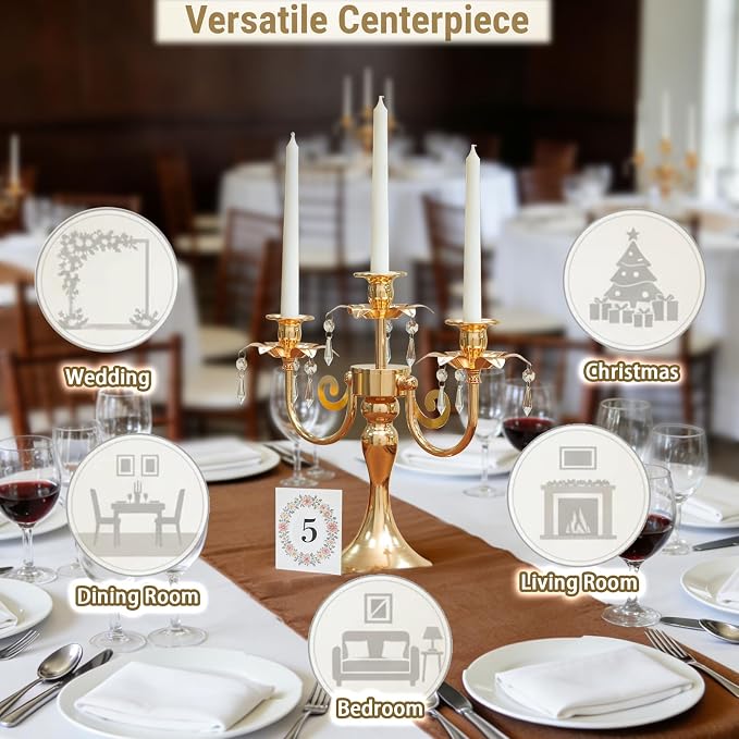 Metal 3 Arm Gold Candelabra with Crystal Pendants - 11.8 Inch Tall Candle Holders, Set of 6 - Elegant Taper Candlestick Stand for Wedding, Dining Table, Party Home Decoration