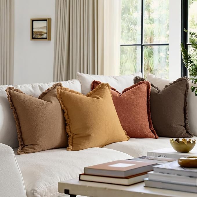 MIULEE Decorative Couch Pillow Covers Neutral Linen Fringe Throw Pillows Set of 4 Soft Rustic Cushions Boho Farmhouse Pillowcases for Bed Sofa Living Room Spring Decor 18x18 Inch Orange/Yellow