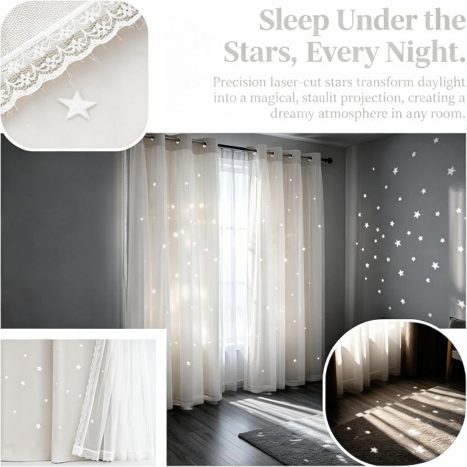 Kids Star Cutout Blackout Curtains for Bedroom/Living Room,2 Free Tiebacks Sheer Overlay 72 Inches 2 Panel Set, Double Layer Curtains for Kids Room(W52 x L72 Inches,Greyish White 2 Pcs)
