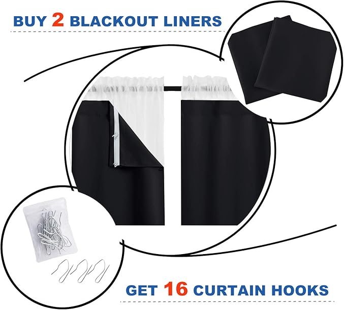 NICETOWN Blackout Curtain Liners for 95" Curtains - Black Out Curtain Liners for Drapes, Blackout Fabric Liners for Bedroom (Hooks Included) 2 Panels, 45W by 88L Per Panel Inches, Black