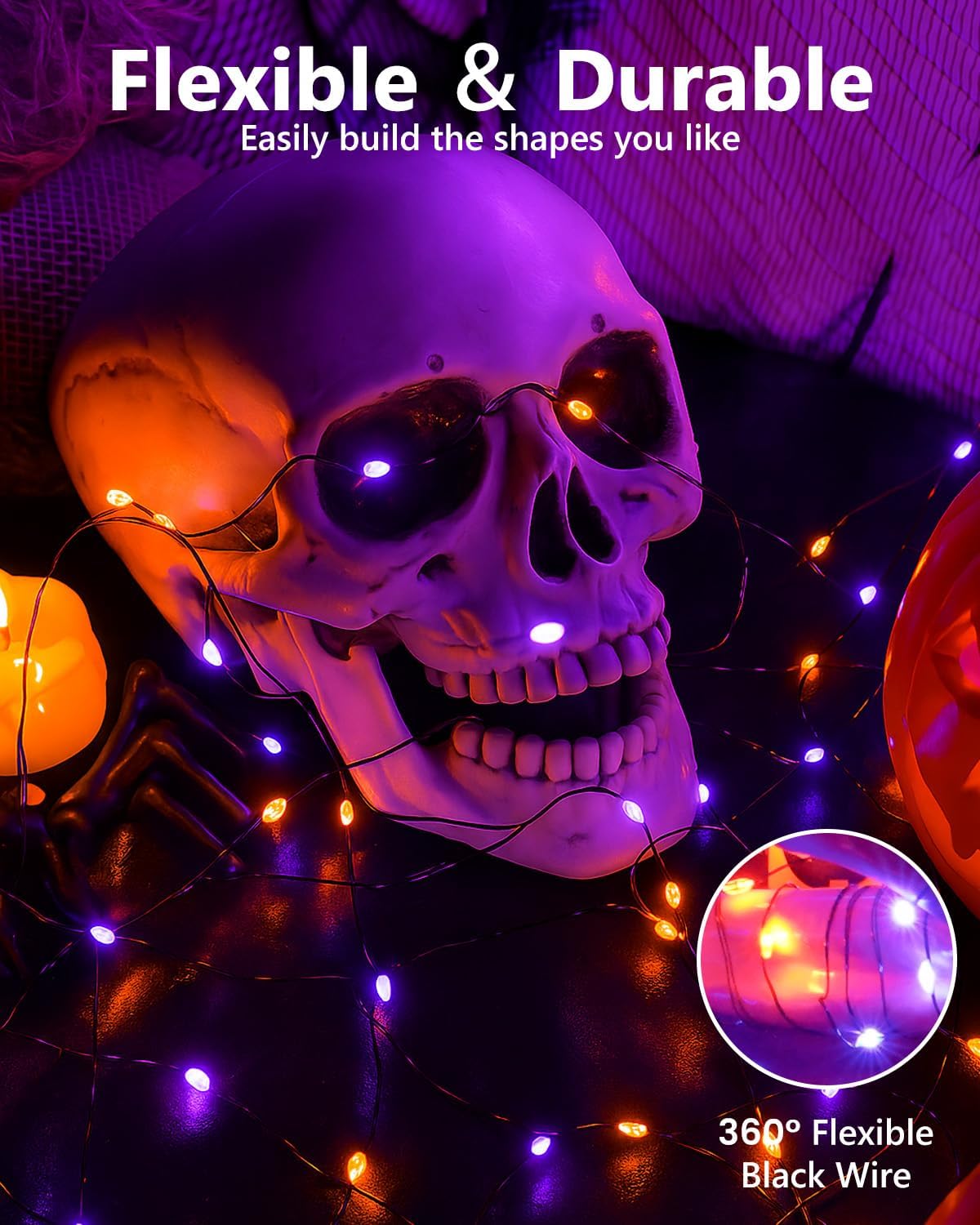 4 Pack 60LED Orange & Purple Fairy Lights Battery Operated with Timer, 20FT Waterproof Halloween Lights Outdoor Indoor, Black Wire String Lights for Bedroom, Party, Centerpiece, Halloween Decorations