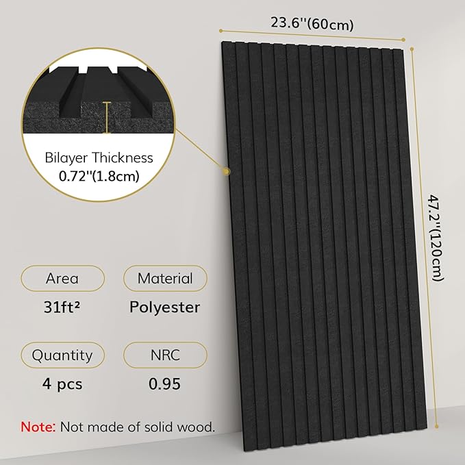 TONOR Dual-Layer Thickened Acoustic Wall Panels Self Adhesive, 4 Pack 47.2"x23.6"x0.72" High Density Sound Proof Panels for Walls, Peel and Stick Wall Panels for Recording Studio Furniture, Black