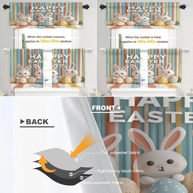 Shrahala Three Rabbits Colorful Eggs Blackout Curtain Tiers, Easter Celebration with Rabbits Eggs Kitchen Valance Light Blocking Tier Drapes with Rod Pocket, 2 Pack 26 X 24 in