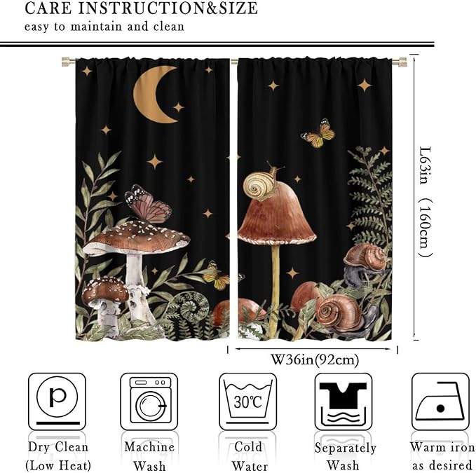 Retro Mushroom Blackout Curtains,Snail Butterfly Window Drapes,Boho Night Plants Leaves Moon Star Botanical for Living Room Kitchen Bedroom,Black Background 72x63in