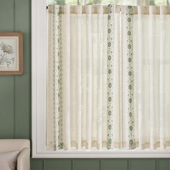 jinchan Green Floral Embroidered Short Linen Curtains 54×54 Inches 2 Panels | Light filtering, back tab, rod pocket, cafe curtains for kitchen bedroom living room, cottage farmhouse, small window