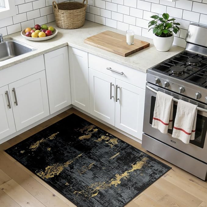 RELEANY Washable Area Rugs 3x4 Non-Slip Modern Abstract Soft for Living Room Entryway Bedroom Kitchen, Print Pattern, Dark Black Gold
