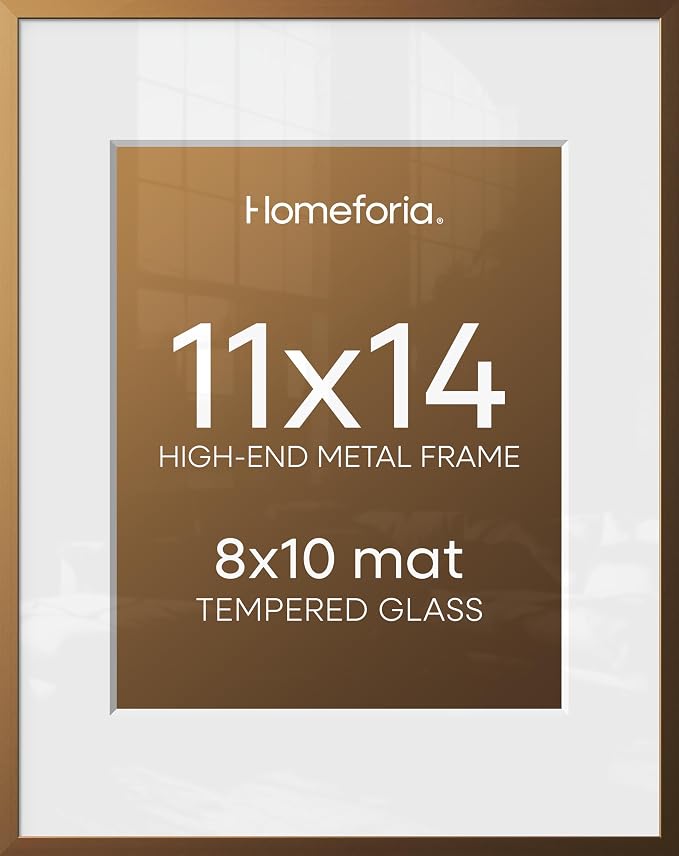 Homeforia 11x14 Bronze Picture Frame, High End Metal 11x14 Brass Frame with Mat 8x10, 11 x 14 Poster Frames Matted to 8 x 10 inch Photo, 11 by 14 Bronze Thin Frames, Tempered Glass, Wall Kit, Set of 4